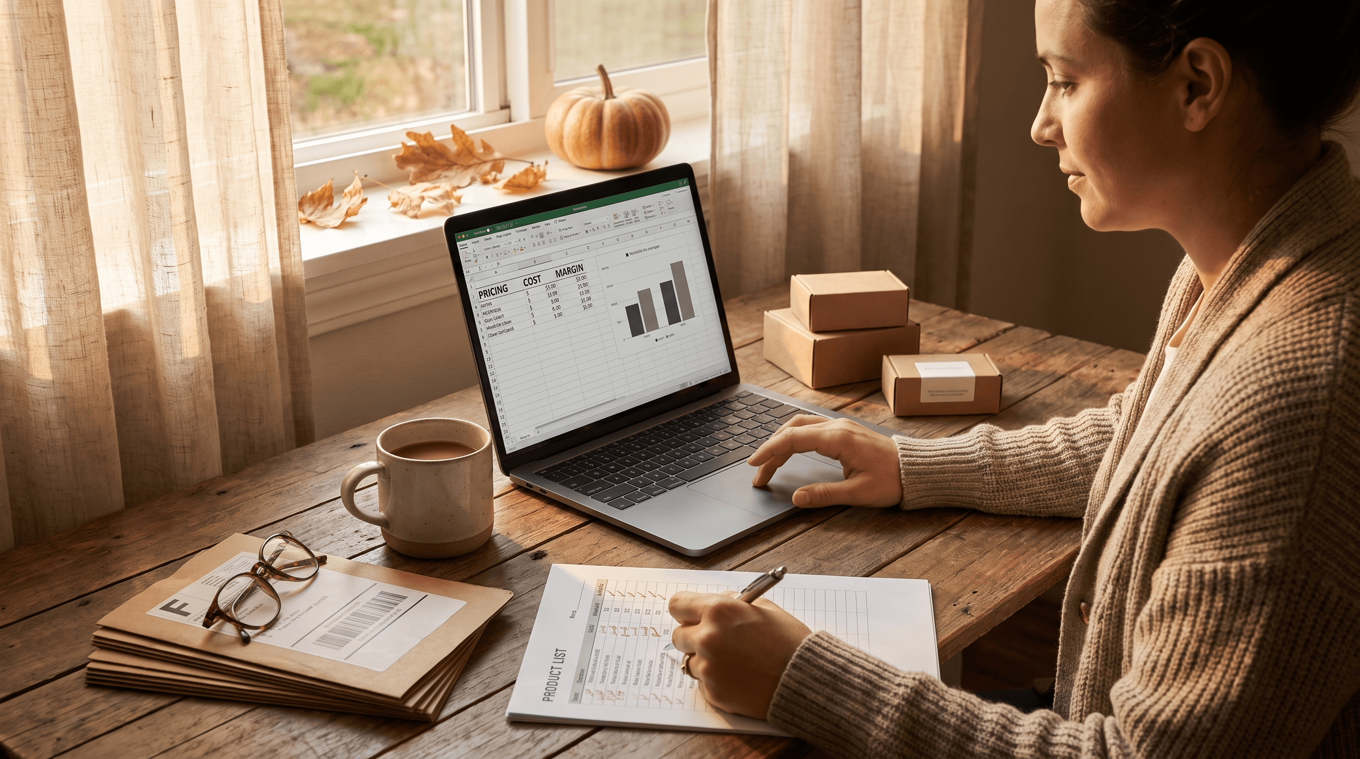 Shopify merchant reviewing a pricing spreadsheet and handwritten product list at a sunlit desk while planning ahead of BFCM